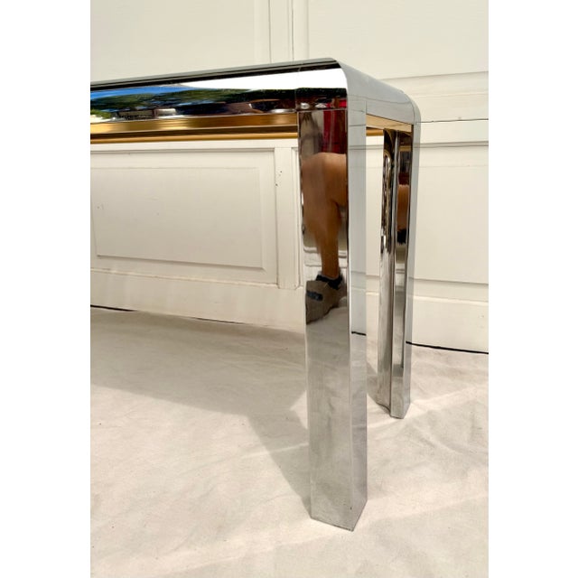 Metal 1970's Chrome and Brass Console With Mirrored Top Attributed to Paul Evans For Sale - Image 7 of 12