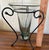 Mexican Glass Vase With Black Scroll Metal Stand, Green Tinted Trumpet Vase, Spanish Revival Mediterranean Decor, 11 Inch For Sale - Image 10 of 11