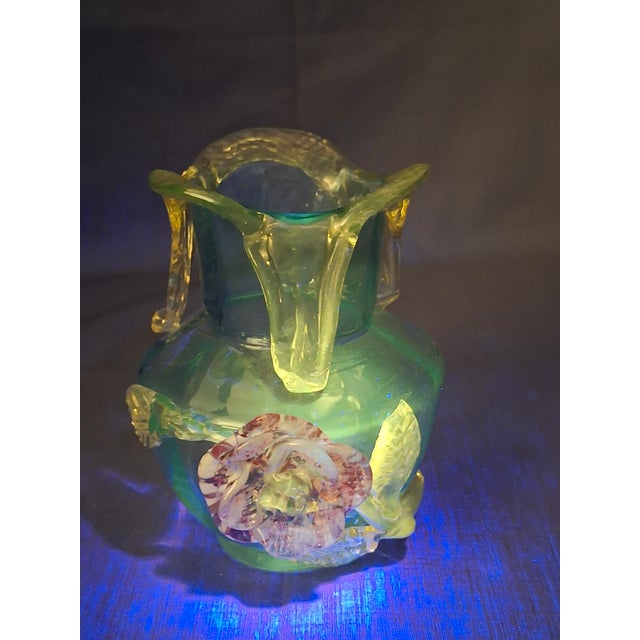 Rare Stevens & Williams Manganese Uranium Glass Bud Vase Applied Rose and Rigaree Feet C 1880 For Sale - Image 17 of 18