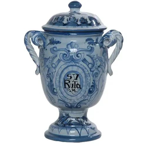 Hand-painted "Sv Ruta" ceramic urn featuring scrolled handles and delicate blue detailing. Italy. Can be a great gift for...