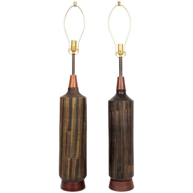 Wood 1959 Aldo Londi Bitossi 'Milano Moderna' Ceramic Lamps - a Pair For Sale - Image 7 of 7