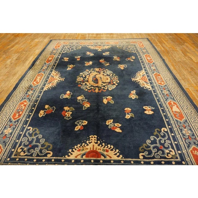 Textile Extraordinary Navy Blue Color With a Dragon and Chinoiserie Design Antique Chinese Peking Rug For Sale - Image 7 of 12