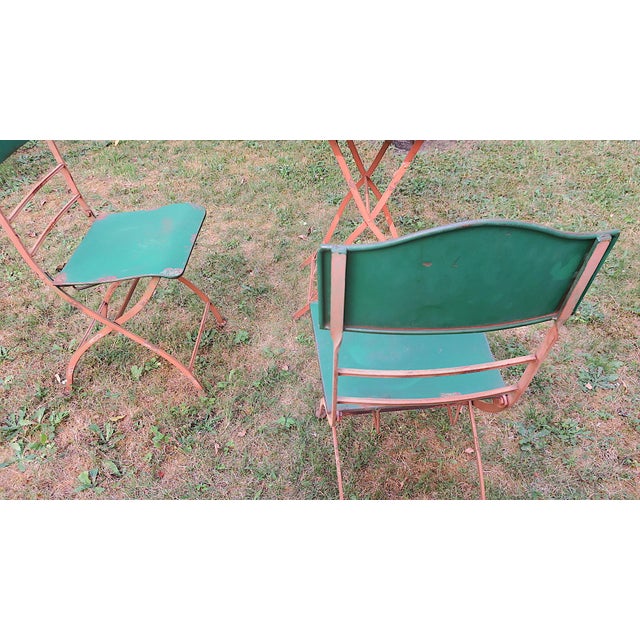 Mid-Century Modern Mid-Century Distressed Painted Iron Garden Table and Chairs, Set of 3 For Sale - Image 3 of 17
