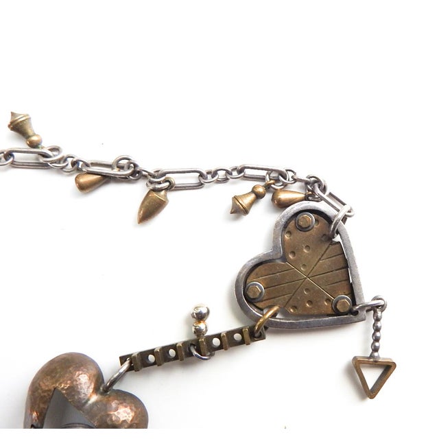 Late 20th Century Vintage Thomas Mann Sterling and Brass Heart Charm Necklace For Sale - Image 5 of 12