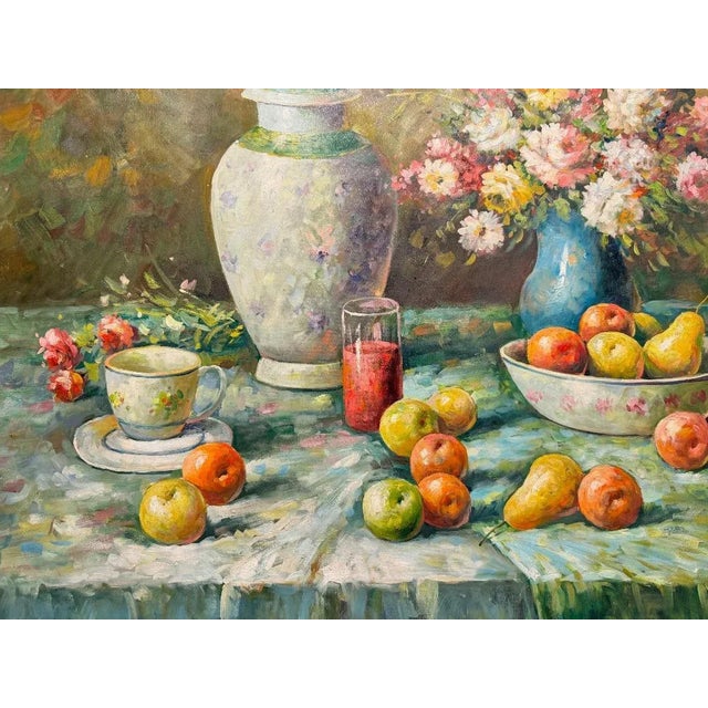 Large Scale Vintage Original Oil on Canvas Impressionistic Still Life of Fruit & Flowers, Signed W. Adam For Sale - Image 4 of 6