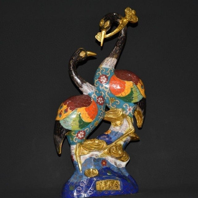 Cloisonne Enamel Crane Sculpture – 15" Pair of Red-Crowned Cranes on Rock Base For Sale - Image 4 of 9