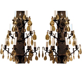 Vintage Iron and Crystal Wall Sconces - A Pair For Sale
