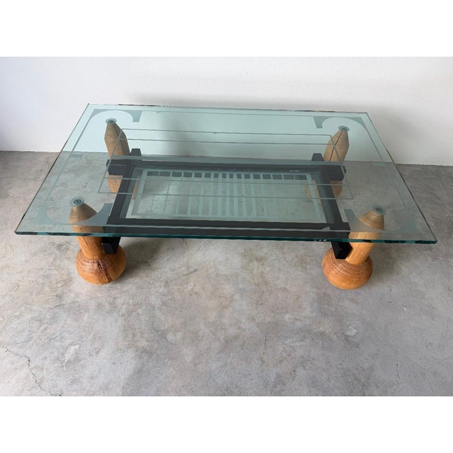 1980s Italian Postmodern Sculptural Turned Wood & Glass Two-Tier Rectangular Coffee Table For Sale - Image 15 of 17