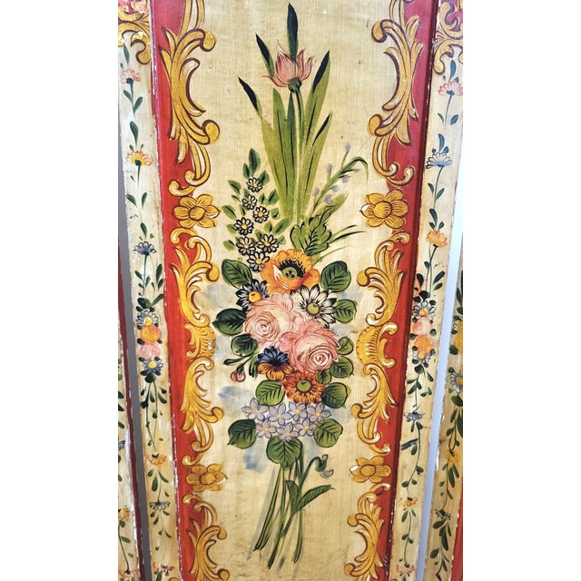 Late 19th Century Antique Italian Floral Scarlet & Black Venetian Painted 4 Panel Folding Screen For Sale - Image 5 of 15