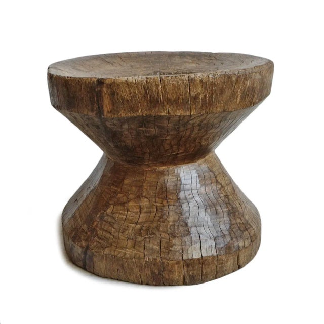Authentic old wood pestle grinder pot with tapered center hole size of 9" x 13". Sturdy heavy piece with rich patina and...
