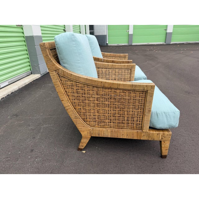 Sky Blue Late 20th Century Pair of McGuire St. Germain Woven Rattan Cane Lounge Chairs For Sale - Image 8 of 12