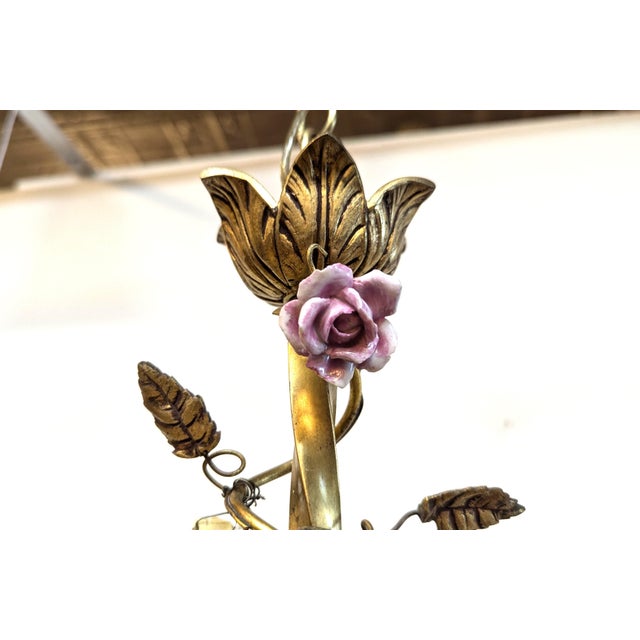 1940 French Tole Bronze With Ceramic Flowers Chandelier For Sale - Image 4 of 8