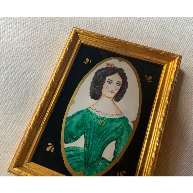 Folk Art Portrait of Lady in Emerald Green Dress - Gilded Frame For Sale - Image 13 of 15