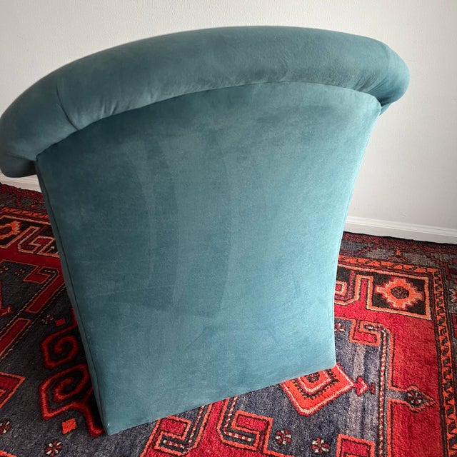 Vintage 1980s sculptural chair. Original fabric with label attached, by Carson’s. Soft, buttery fabric upholstery. Unique...