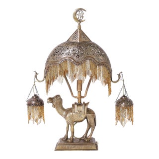 Antique Moroccan Brass Table Lamp With Camel For Sale