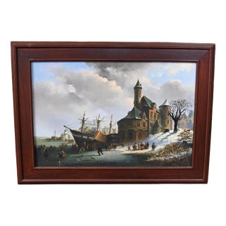 Dutch School, Winter Landscape Harbour Scene Ice Holland, 1990, Oil Painting, Framed For Sale
