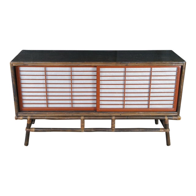 1950s Mid Century Ficks Reed Far Horizons Rattan Oak Sideboard Server Console Credenza, Attributed For Sale