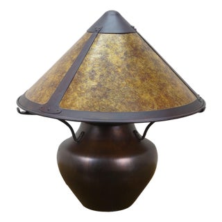 1990s Attributed to Dirk Van Erp 3 Light Arts & Crafts Copper Vase Lamp Mica Shade 22" For Sale