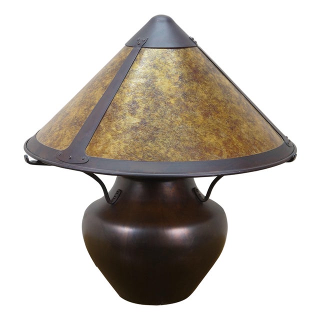 1990s Attributed to Dirk Van Erp 3 Light Arts & Crafts Copper Vase Lamp Mica Shade 22" For Sale