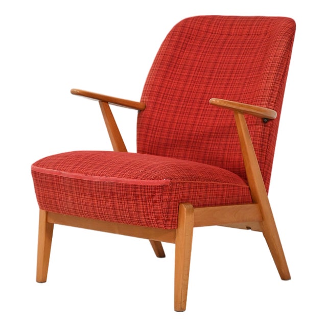Scandinavian Armchair in Red Wool Upholstery, 1950s For Sale