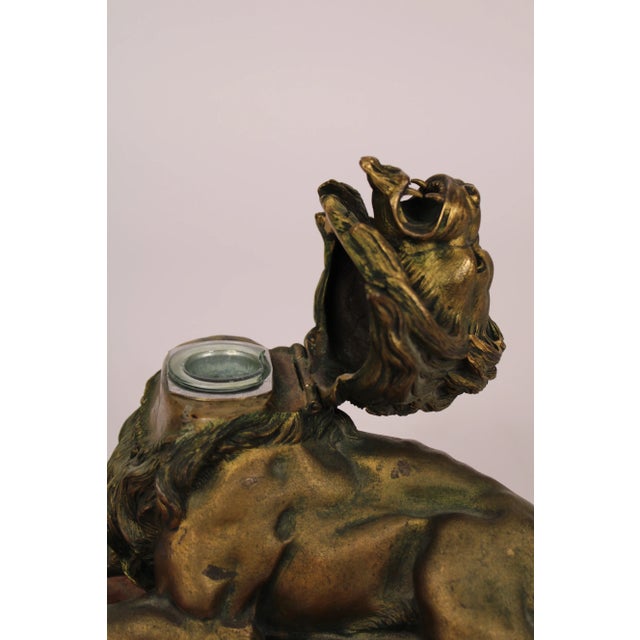 Terra Cotta Bronze Lion Form Inkwell on a Marble Base For Sale - Image 8 of 9