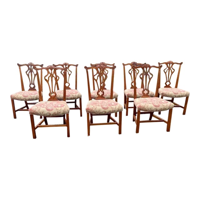 Mid 20th Century Vintage Chippendale Style Mahogany Carved Dining Chairs - Set of 8 For Sale