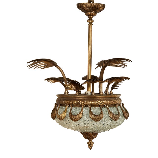 Antique Italian Bronze and Glass Chandelier With Palm Leaves For Sale