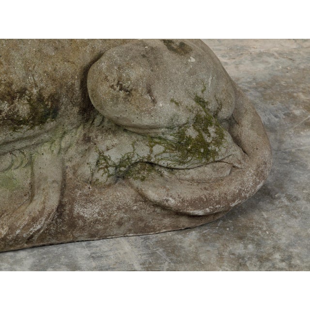 Pair of English 1920s Cast Stone Reclining Lion Sculptures on Conforming Bases For Sale - Image 10 of 10
