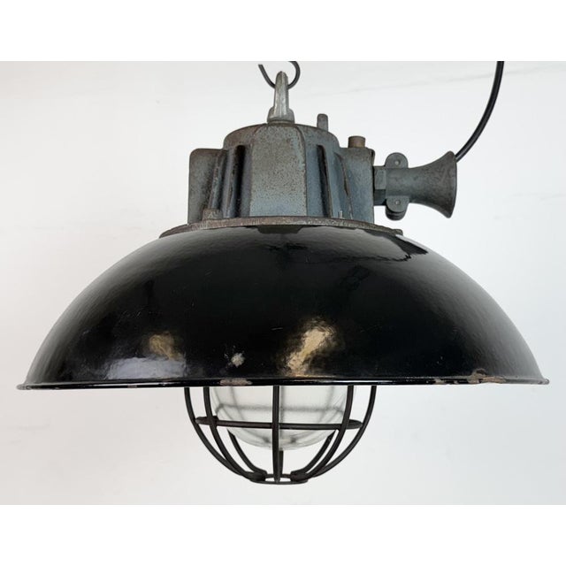 Glass Industrial Black Enamel and Cast Iron Cage Pendant Light from Elektrosvit, 1960s For Sale - Image 7 of 18