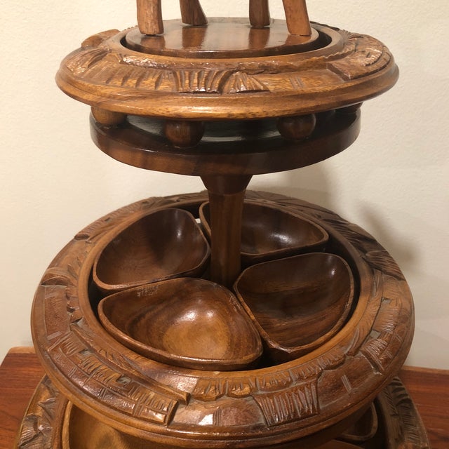 Mid 20th Century Large Teak 3 Tear Wood Lazy Susan With Water Buffalo