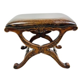 Neoclassical Style Mahogany and Leather Upholstered Footstool For Sale
