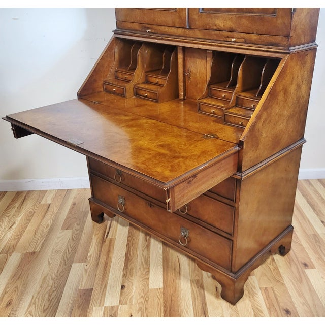 Vintage 20th C English Style Burl Walnut Slant Front Secretary Fitted Interior Desk For Sale - Image 12 of 18