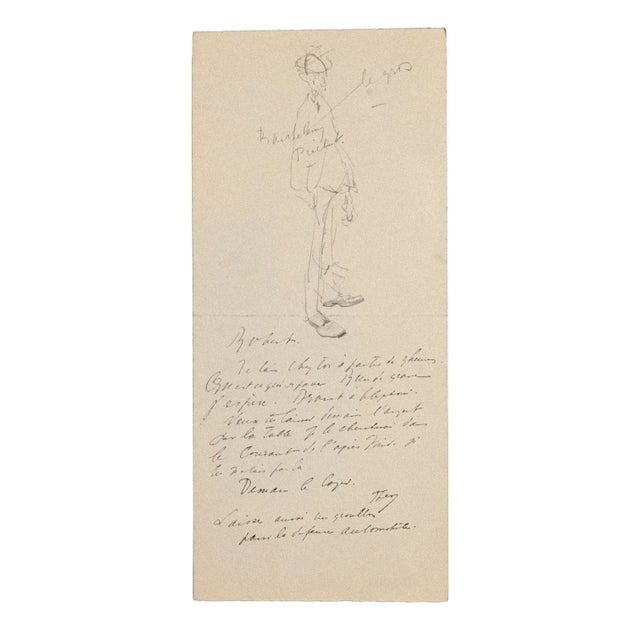 Artist Out for a Walk is an original pencil and china ink drawing on ivory-colored paper, realized by unknown French...