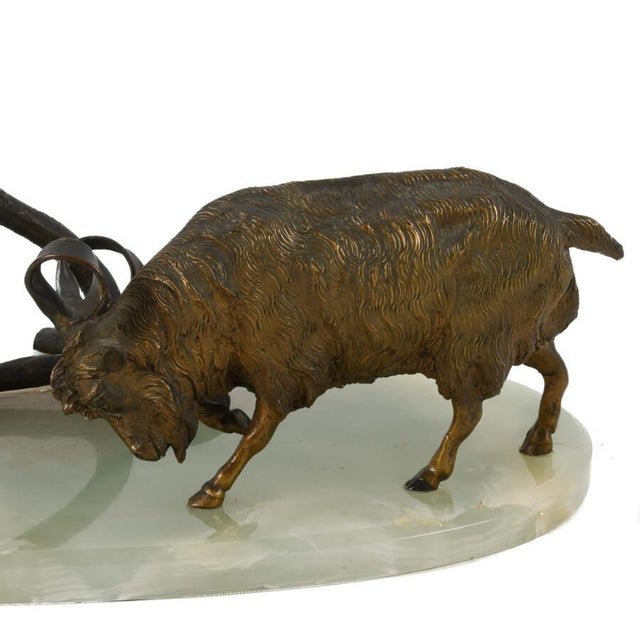 Metal Bronze Charging Ram Figural Group Sculpture on Green Onyx Base For Sale - Image 7 of 8