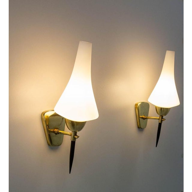 1950s White Glass and Black & Golden Chrome Sconces in the style of Arlus, France, 1950s, Set of 2 For Sale - Image 5 of 12