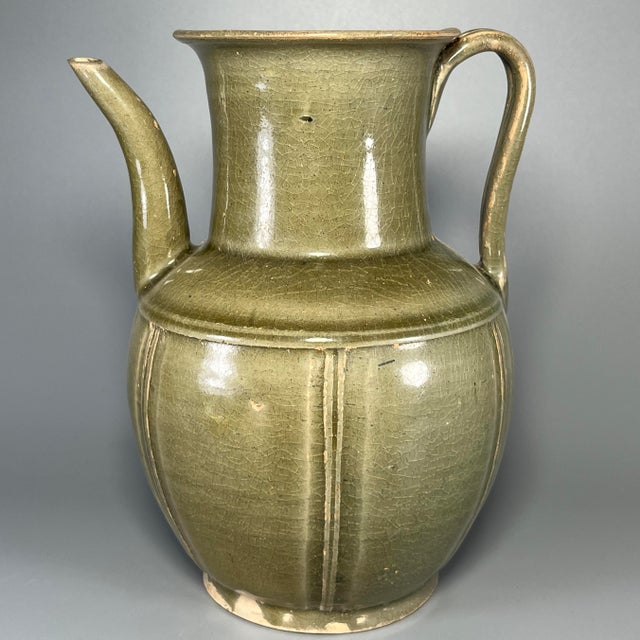 Antique Chinese Celadon Carved Ewer Pitcher, Collectible Antique For Sale - Image 4 of 7