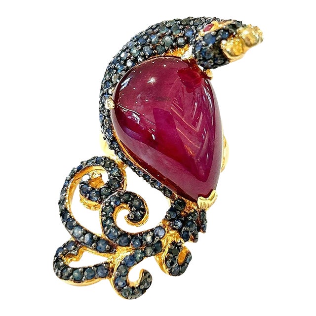One of a Kind Bochic “Orient” Ruby, Emerald & Sapphire Swan Cocktail Ring Set 18k & Silver Size 8.5 For Sale