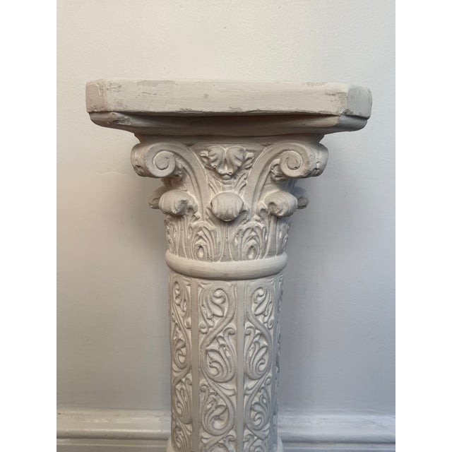 This 1980s plaster pedestal with classical Romanesque hunt scene is a hard to find piece. Scene includes huntsman with a...