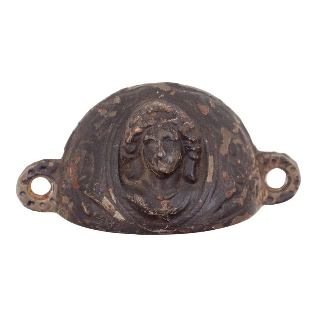 Antique 3.5 In. Black Cast Iron Victorian Figural Bin Pull For Sale