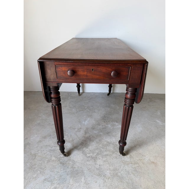 Late 18th Century Antique English Regency Solid Mahogany Pembroke Drop-Leaf Table With Drawer & Original Casters For Sale - Image 5 of 12