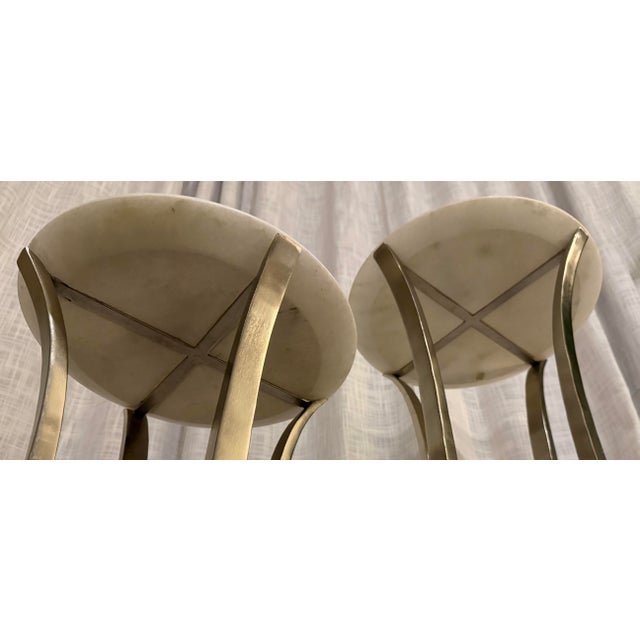 Metal Global Views Chorda Pedestal Pair – Nickel & White Marble (Large + Medium) For Sale - Image 7 of 10