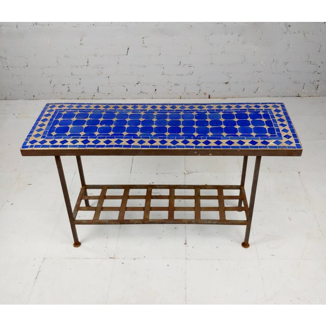 Antique Spanish Mosaic Blue Tile Top Wrought Iron Garden Console Table Chairish