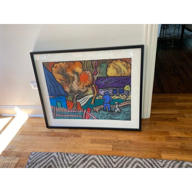 Vintage Large Framed Pastel by Colin Folk and Outsider Art