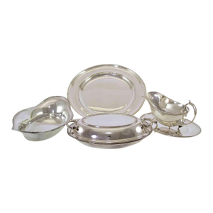 1970’s Vintage/New Set of 4 Silver Round Platter, Bread Boat, Entree Dish & Cover, and Gravy Boat, Bead Pattern