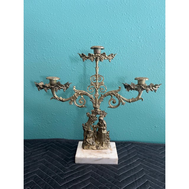 Antique Victorian Brass Figural Girandole Candelabra c.1850-1870 Marble Base For Sale - Image 9 of 9