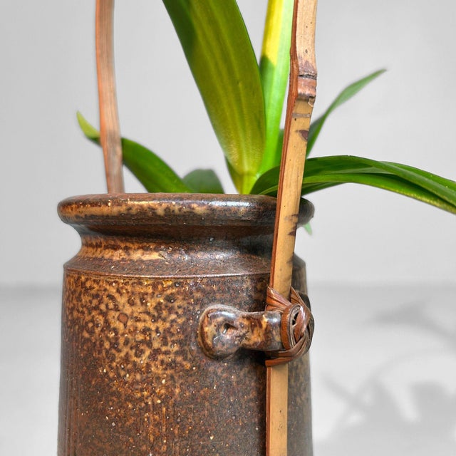 Japanese Ceramic Ikebana Vase with Bamboo Handle, 1950s For Sale - Image 10 of 18