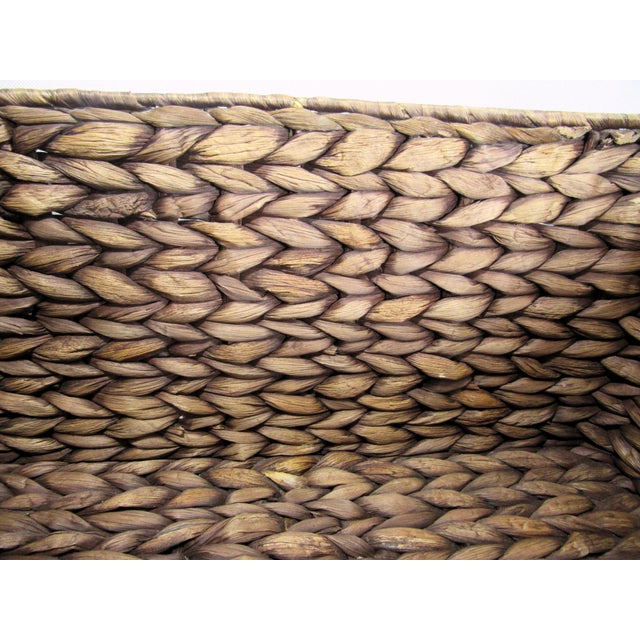 Wood Vintage Water Hyacinth Woven Reed Basket + Brass Handles For Sale - Image 7 of 11