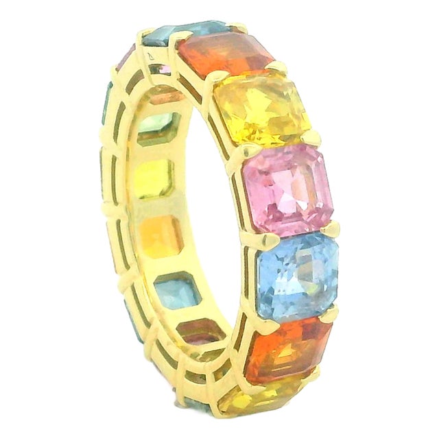 18k Yellow Gold Multi-Color Sapphire Eternity Ring – Italian Fine Jewelry, Size 6 For Sale