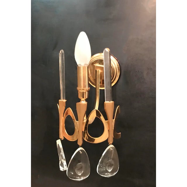 Midcentury Gold Metal Crystal Sconces attributed to Gaetano Sciolari Sconces Set of 2 Complete of all crystals Height 32...