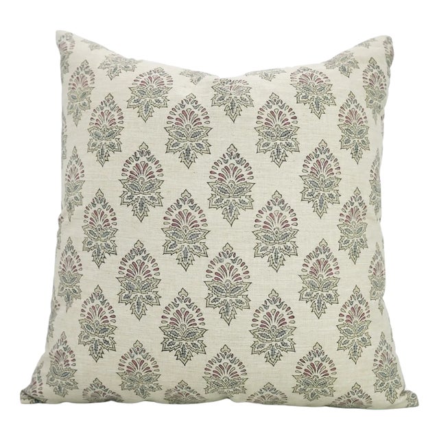 Fabdivine Linen Blend Throw Pillow Cover Handmade Block Print, Samrat- 20x20 For Sale